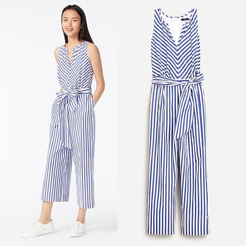 J. Crew Blue & White Vertical Stripe Sleeveless Tie-Waist Jumpsuit